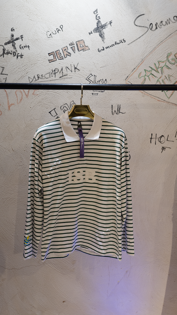 ISB Patch 12 is Love Bee Embossed Longsleeves TShirt Colar Neck Green Stripe
